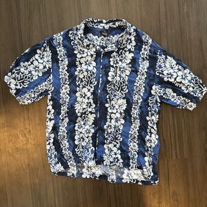 KAI-VEIKAU Traditional Fiji Print Floral Shirt Hawaiian Men's Size XL Blue White